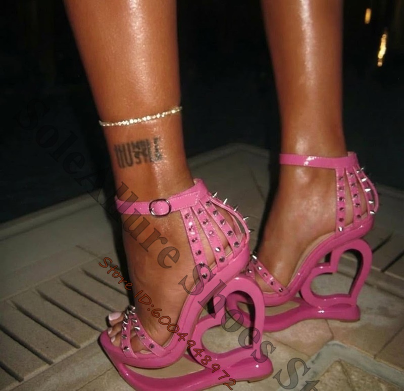 Leopard Print Heels - Hot Pink Spike Stud Caged Heart